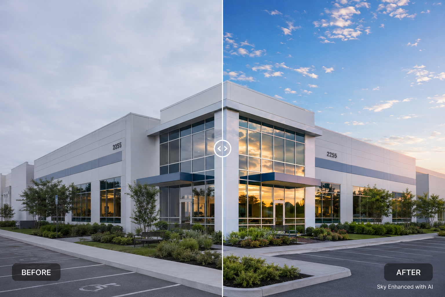 Before-and-after split of a commercial building exterior shot showing AI-enhanced sky replacement.