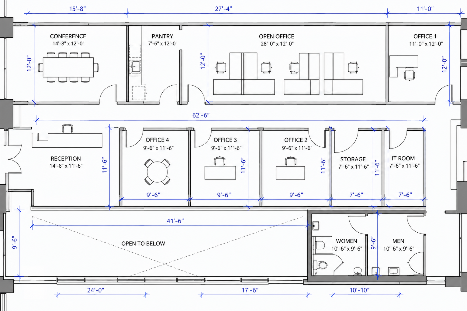 Dimensioned BOMA-style office floor plan with rooms, corridors, and area annotations.