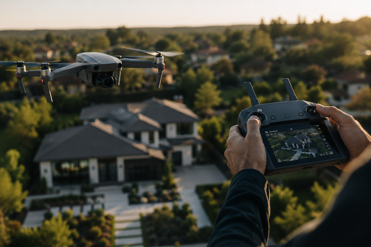 FAA Part 107 certified drone operator flying a commercial drone over a residential property at golden hour, monitoring the live feed on a handheld controller.