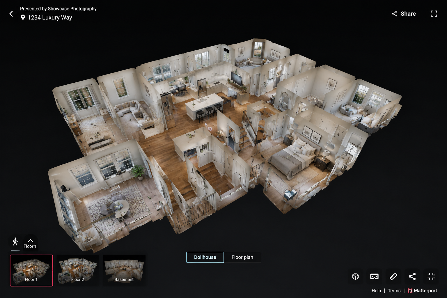 Matterport dollhouse view of a luxury residential floor plan with multiple rooms visible in 3D cutaway.