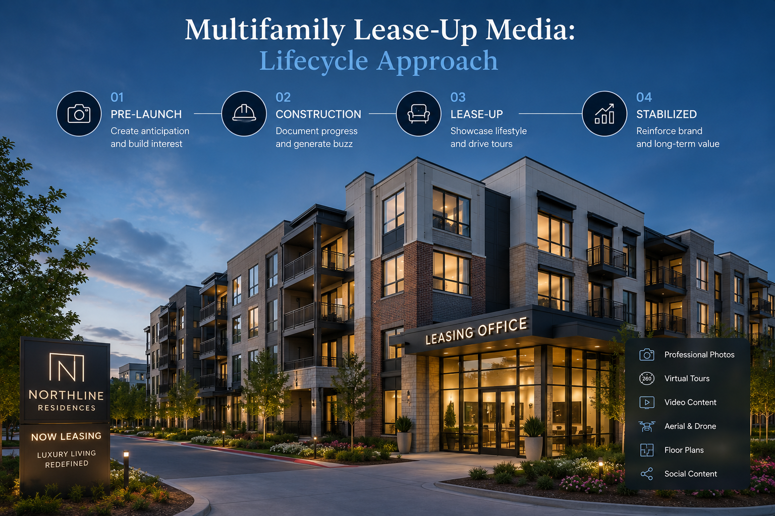 Multifamily lease-up building exterior at twilight with a four-phase lifecycle overlay (pre-launch, construction, lease-up, stabilized) and a service catalog sidebar showing photo, virtual tour, video, drone, floor plan, and social deliverables.