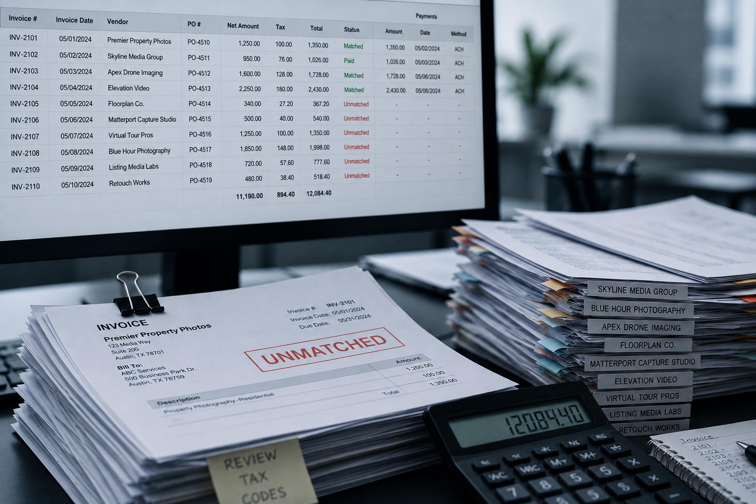 A finance workspace with a screen of unmatched vendor invoices and stacks of paperwork on a desk, illustrating the reconciliation tax.