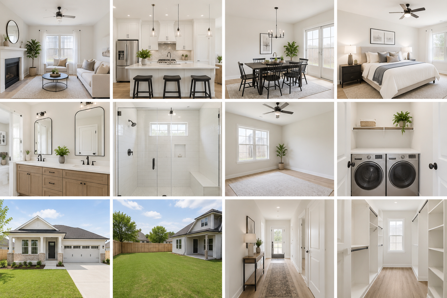 Grid of consistent residential property photography across rooms and exteriors, illustrating spec-compliant deliverables.