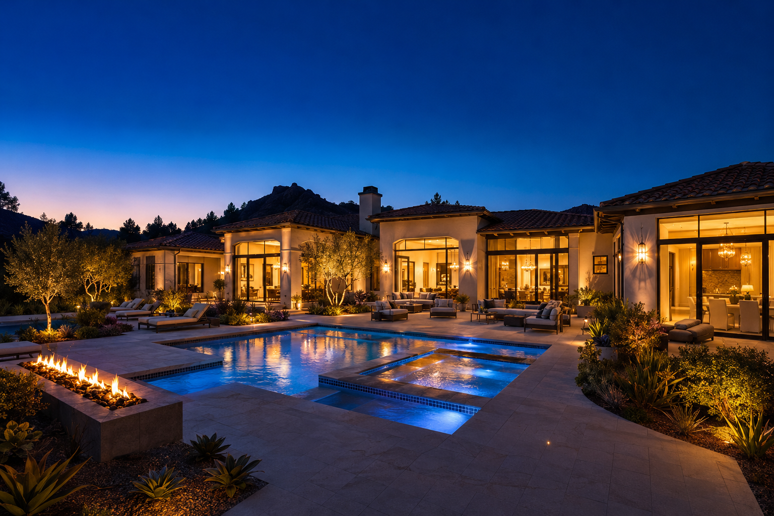 Luxury single-family residence shot at twilight, 30 minutes after sunset, with every interior light glowing, landscape lighting active, pool lit, and a deep blue sky overhead.