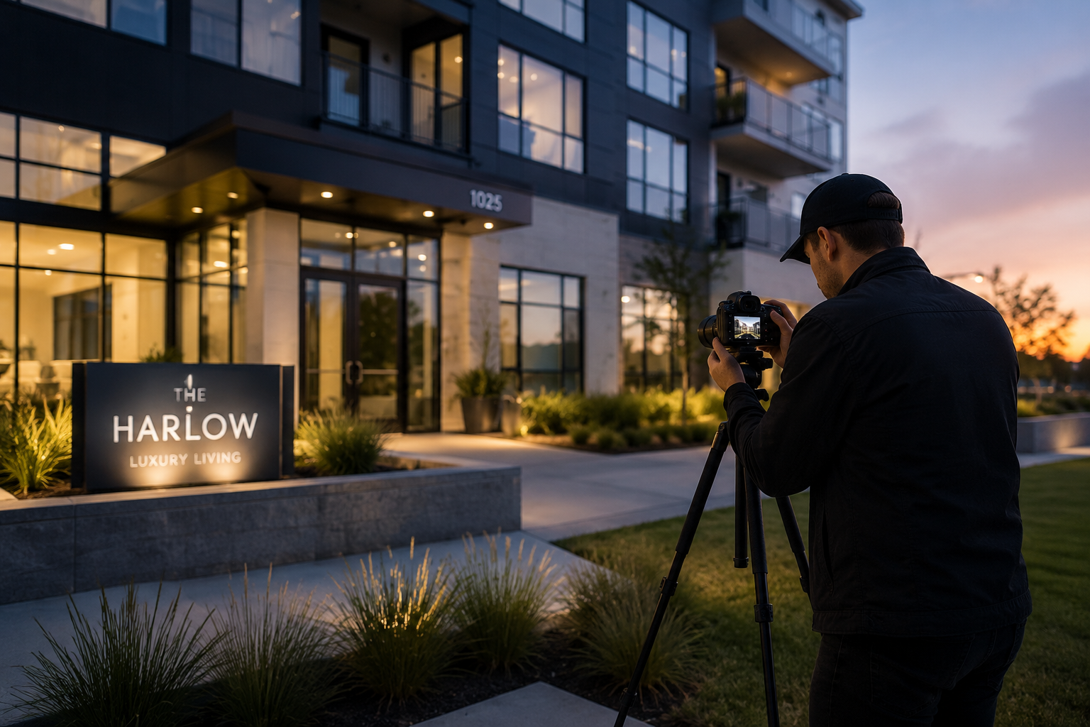 Real estate photographer with a tripod capturing a luxury apartment building exterior at twilight.