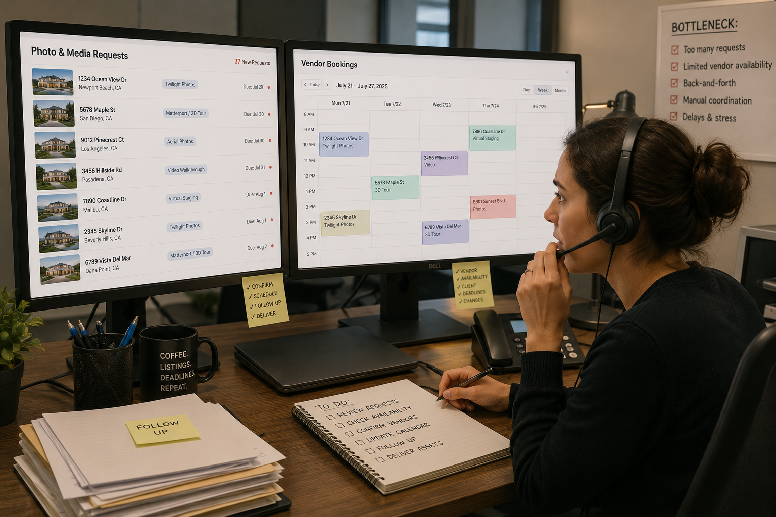 Marketing coordinator working at a dual-monitor workstation showing photo and media requests on one screen and a vendor booking calendar on the other, with a bottleneck checklist pinned beside the desk.