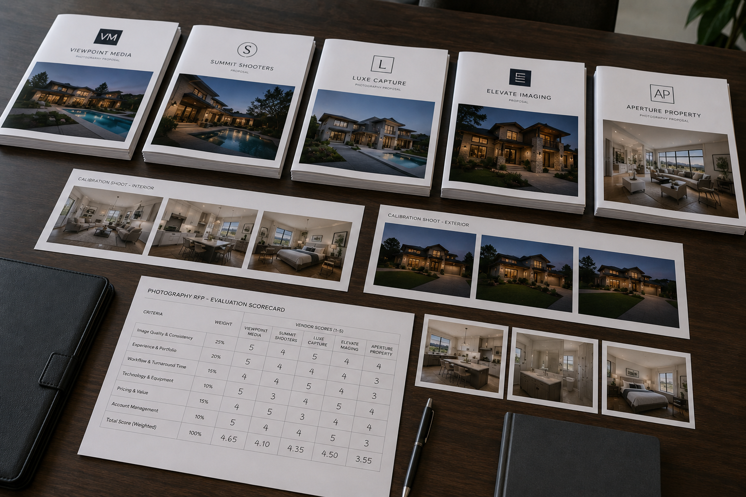 A procurement table with five photography vendor proposal covers, calibration shoot print sheets, and a scoring rubric showing the four-part RFP weights.